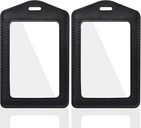 Vin Beauty 2 Pack Genuine Leather ID Badge Holders, Vertical ID Card Holders with Dual-Side Clear Window, Waterproof Name Badge Holde Suit for Office, Staff, Students, Employees(Black&Black) in Saudi Arabia