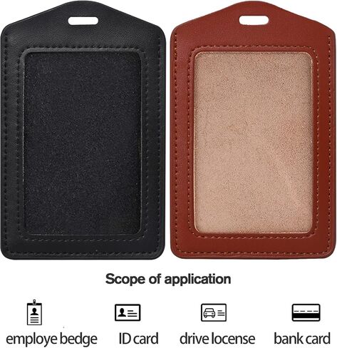 Vin Beauty 2 Pack Genuine Leather ID Badge Holders, Vertical ID Card Holders with Dual-Side Clear Window, Waterproof Name Badge Holde Suit for Office, Staff, Students, Employees(Black&Black) in Saudi Arabia
