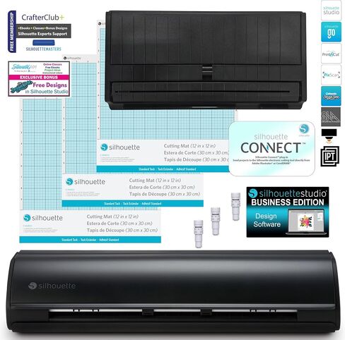 حزمة Silhouette Cameo 5 Business Bundle - 3 سجادات قطع، 3 شفرات تلقائية، برنامج Silhouette Studio Business Edition مع توصيل إضافي ووحدة تغذية رول (أسود غير لامع) in Saudi Arabia