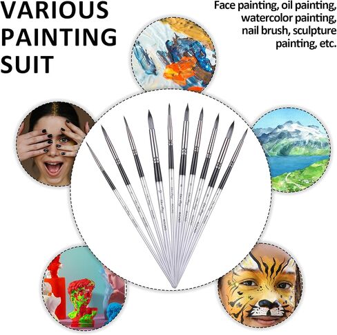 10Pcs Round Watercolor Paint Dry Brush Set Acrylic Paint Brushes Artist Paintbrushes Round Pointed Tip Paint Brushes Nylon Professional Brush for Gouache, Ink, and Tempera Painting in Saudi Arabia