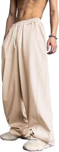 WZIKAI بنطال رياضي فضفاض للرجال بخصر مطاطي برباط واسع الساق بنطال رياضي فضفاض غير رسمي مع جيوب in Kuwait