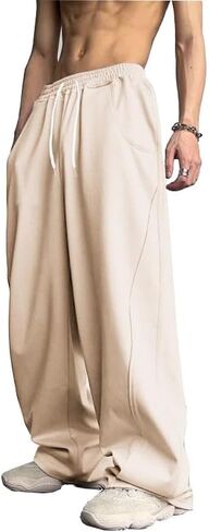 WZIKAI بنطال رياضي فضفاض للرجال بخصر مطاطي برباط واسع الساق بنطال رياضي فضفاض غير رسمي مع جيوب in Kuwait
