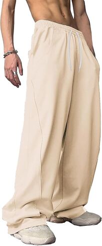 WZIKAI بنطال رياضي فضفاض للرجال بخصر مطاطي برباط واسع الساق بنطال رياضي فضفاض غير رسمي مع جيوب in Kuwait
