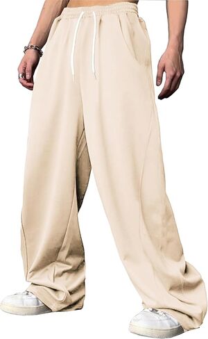 WZIKAI بنطال رياضي فضفاض للرجال بخصر مطاطي برباط واسع الساق بنطال رياضي فضفاض غير رسمي مع جيوب in Kuwait