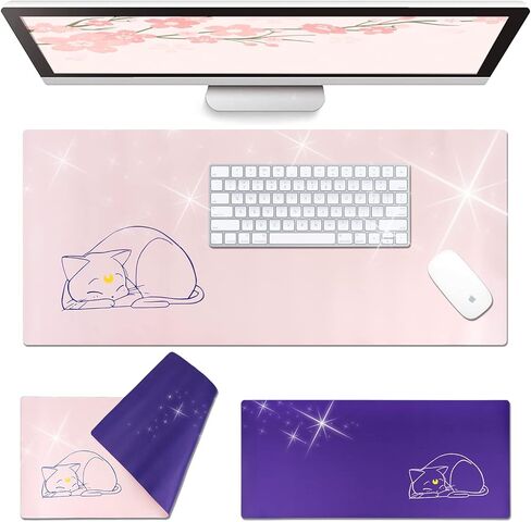 Anime Cat Desk Pad | Double Sided Large Pastel Pink Purple | Waterproof Faux Leather Mat Mousepad | Kawaii Cute Desk Office Laptop Keyboard Makeup Blotter Protector in Kuwait