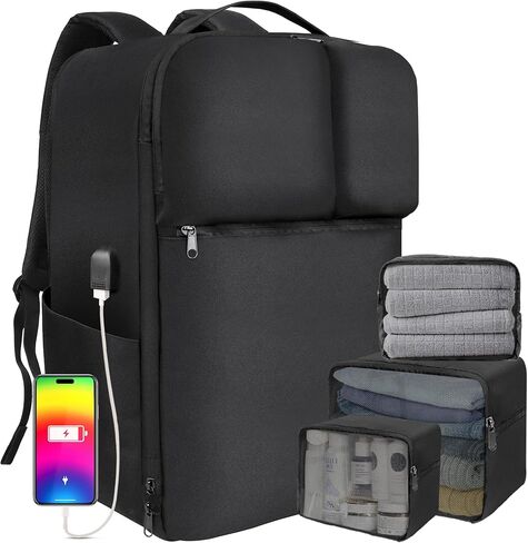 Extra Large 50L Travel Backpack Carry On Flight Approved, Luggage Backpack with Shoes Pouch, Suitcase Backpacks With 3 Packing Cubes, Personal Item Travel Bag, Black in Saudi Arabia