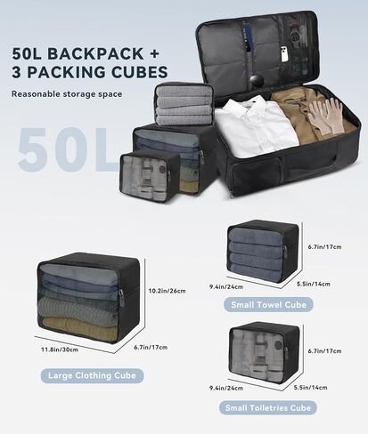 Extra Large 50L Travel Backpack Carry On Flight Approved, Luggage Backpack with Shoes Pouch, Suitcase Backpacks With 3 Packing Cubes, Personal Item Travel Bag, Black in Saudi Arabia