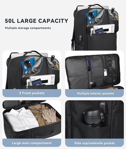 Extra Large 50L Travel Backpack Carry On Flight Approved, Luggage Backpack with Shoes Pouch, Suitcase Backpacks With 3 Packing Cubes, Personal Item Travel Bag, Black in Saudi Arabia
