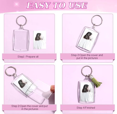 100 قطعة من سلسلة المفاتيح الأكريليك المستطيلة من Highergo، سلاسل مفاتيح ذات صورة واضحة، إدراج سلسلة مفاتيح للصور، سلسلة مفاتيح من الأكريليك، سلسلة مفاتيح إطار صورة فارغة مع 100 قطعة من الشرابات لمشاريع DIY in Kuwait