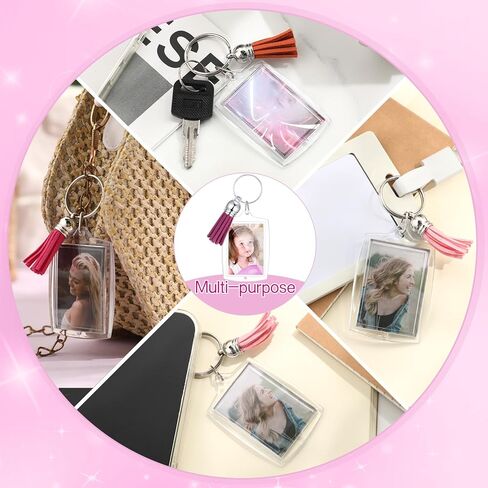 100 قطعة من سلسلة المفاتيح الأكريليك المستطيلة من Highergo، سلاسل مفاتيح ذات صورة واضحة، إدراج سلسلة مفاتيح للصور، سلسلة مفاتيح من الأكريليك، سلسلة مفاتيح إطار صورة فارغة مع 100 قطعة من الشرابات لمشاريع DIY in Kuwait