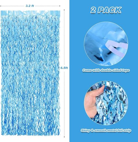 2 حزمة 3.2x6.5 قدم ستارة خلفية زرقاء متموجة بهرج اللافتات احباط هامش خلفية المحيط تحت عنوان ديكور استحمام الطفل العازبة ديسكو الشتاء تحت البحر الصيف حمام سباحة الشاطئ ديكورات الحفلات in Kuwait