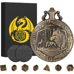 Mini DND Dice Set with Steampunk Wolf Pocket Watch Shell Case, 7pcs Polyhedral Metal D&D Dice Set, DND Gifts with Gift Box for Gamer, Role Playing Board Games Accessories, Dark Silver