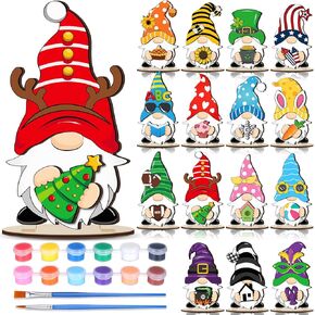 Wonderjune 14 Pack Christmas Interchangeable Unfinished Wood Gnome Decor, Color Your Own Gnome DIY Wooden Painting Slices Blank Gnome Ornaments for Tiered Tray Table Home Seasonal Holiday Decor Gift