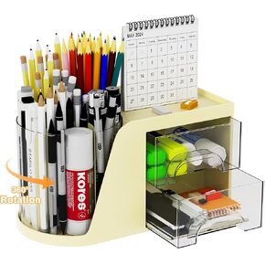 Pen Organizer for Desk,360° Rotating Pen Holder with 2 Drawers,Multi-Functional Desk Pen Cup Holder,Great Pen Organization For Desk Accessories,Office Supplies,Stationariy and Cosmetic,White
