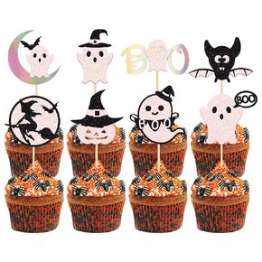 Gyufise 24Pack Halloween Cupcake Toppers Pink and Black Glitter Halloween Ghost Cake Topper Set with Pumpkin Ghost Witch Hat Little Boo Cupcake Picks for Halloween Baby Shower Boys Girls Birthday
