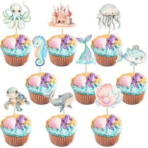 Ephlyn 36Pcs Ocean Sea Animal Cupcake Toppers Under the Sea Animal Creature Cupcake Toothpicks Decorations for Ocean Sea Theme Baby Shower Birthday Party Cake Decorations