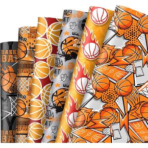AnyDesign 12 Sheet Basketball Wrapping Paper Sports Ball Theme Gift Wrap Paper Bulk Folded Flat Cartoon DIY Craft Paper for Birthday Holiday Party Supplies, 19.7 x 27.6 In