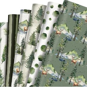 kawaarashi 12 Sheets Watercolor Forest Wrapping Paper, 20x27in Willow Green Forest Christmas Tree Elk Pine Leaves Patterns Gift Wrap Paper for DIY Art Craft Paper Xmas Party Decor Gift Wrapping