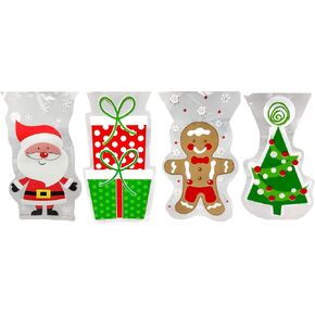 Set of (80) Christmas Cello/Cellophane/Loot Treat Bag w/Ties – 4 Holiday Designs! (80)