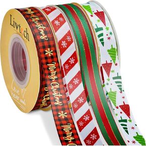 4 Rolls 90 Yards Christmas Ribbon, 3/4 Inch Wide Christmas Gift Wrapping Ribbons, Red/Green & White Satin Wrapping Ribbons for Crafts DIY Holiday Decorations