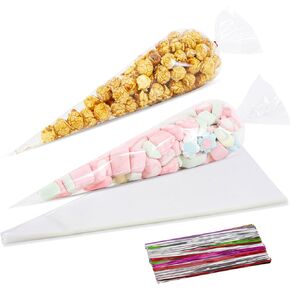 200 Pcs 5 x 10 inch Sweet Cone Cellophane Treat Bags Clear Candy Wrap Bags Party Popcorn Bags Triangle Bags Ideal for Holding Party Favors, cookies, candies and more Gold Star Printed