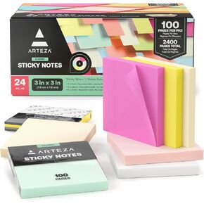 ARTEZA Sticky Notes 3x3 inches, 24 Sticky Pads, Bulk Sticky Note Pads, Assorted Multicolor Self-Adhesive Notes