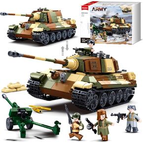 WW2 Tiger II Army Tank، مجموعة بناء الدبابات، ألعاب نموذج الدبابة العسكرية، مع 4 أشكال من الطوب الدبابة، هدايا للأطفال من سن 6 إلى 12 عامًا، ألعاب الجيش القديمة، متوافقة مع دبابة ليغو، 930 قطعة