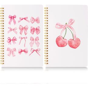 CNhoqc 2pcs Pink Coquette Aesthetic Notebooks, Coquette Preppy Theme Spiral Journal Notebook, Pink Bow Cherry Watercolor Aesthetic College Hardcover Spiral Notebooks for School Stationery Supply