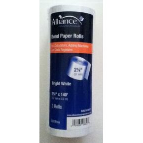 Alliance Bond Paper Rolls - 3 Rolls - 2.25 X 140' - For Calculators, Adding Machines & Cash Registers