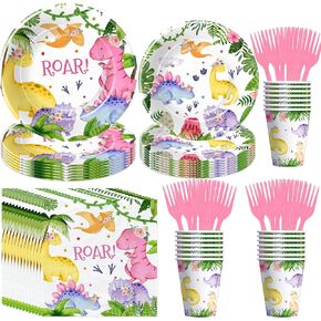 Dinosaur Party Decorations Tableware For Girl - Pink Dino Dinosaur Birthday Party Supplies, Paper Plate, Cup, Napkin, Disposable Fork, Watercolor Dinosaur Baby Shower Decorations | 24 Guests