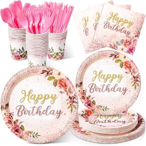 Roshtia 175 Pcs Floral Birthday Party Supplies Flower Paper Plates Napkins Tablewares Disposable Party Dinnerware Serve 25 Guests Flower Party Favors for Girls Women Tea Party Decorations(Elegant)