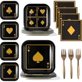 96Pcs Casino Party Plates Supplies - Party Tableware Decorations Las Vegas Square Disposable Paper Plates Napkins Forks for Birthday Casino Night Card Playing Club, Serves 24 Guest