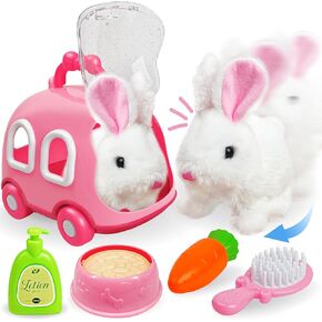 Hopping Bunny Toys for Girls - Electronic Jumping Rabbit with Wiggle Ears Twitch Nose, Storage Cage and Accessories, Interactive Pet Gifts for Toddlers 2 3 4 5 6