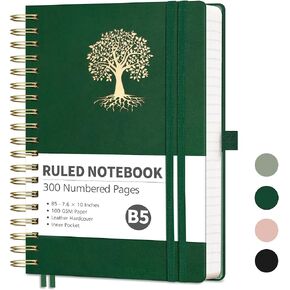 RETTACY Bullet Dotted Journal, B5 Spiral Dotted Journal Notebook with 300 Pages, 7.6" × 10", Medium Size, 100 GSM Thick Paper, Leather Hardcover, Bullet Journaling, Planning, Tracking (Dark Green)
