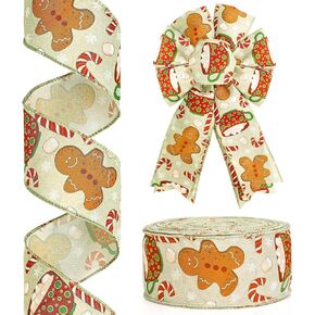 12Yards Christmas Gingerbread Wired Edge Ribbon 2.5" Candy Cane Patterned Fabric Ribbon fo Gift Wrapping Wreaths Tree Bow Making DIY Crafts Xmas Home Decoration (Green)