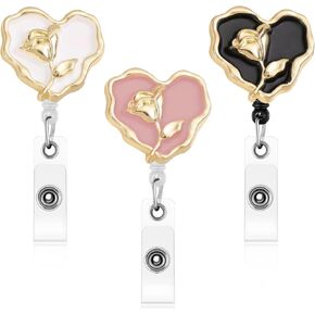 3 PCS Badge Reels Retractable Badge Holder Clip, Heart Shape Nurse Badge Reel Clip Retractable 360°Rotation ID Name Tag Card Badge Holder for Nurses Doctor Teacher