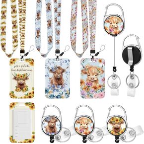 3 Set Highland Cows Lanyards with ID Holder Cute Floral Cows Lover Spring Gifts ID Badge Holder with Breakaway Lanyard Highland Badge Reel Valentines Gifts for Teacher Student Nurse Office