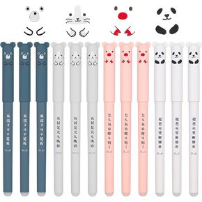 0.4mm Erasable Gel Pens 12 Pack Cute Cartoon Animal Rollerball Gel Ink Pens, Blue Ink Refillable Pens for Adult Writing Kids Calligraphy Note Taking (Black)