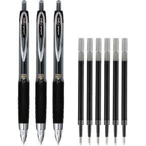 Uni Signo 207 Retractable Gel Pens With Refills, Micro 0.5mm (aka Fine Point), Includes 3 Black Pens and 6 Black Fine Refills