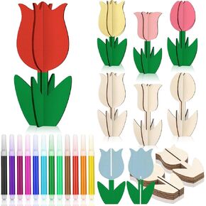 MotiMind 48 Pcs Wood Flower for Crafts 3D Spring Wooden Flower Cutouts with 12 Colored Pens Unfinished Wooden Tulip Signs Wooden Tulip to Paint Mother's Day Table Centerpiece Spring Tiered Tray Decor