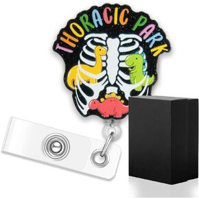 ERHACHAIJIA Thoracic Park Retractable Black Glitter Badge Reel with Clip, Funny Dinosaurs ID Card Badge Holder Gift for Nurses Doctors Respiratory Nurse Thoracic Surgery OR Nurses X-ray Orthopedic