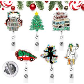 Christmas Retractable Badge Reels - 6-Pack Funny Christmas Vacation Glitter Acrylic Badge Holder Cute ID Card Badge Clip Christmas Winter Xmas New Year Gifts Kid Office Staff Badge Metal Clip