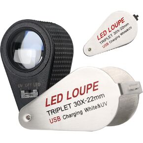 30x Foldable Magnifier Loupe with UV and LED Lights, Rechargeable Jewelers Loupe 22mm Optical Triplet Lens Magnifying Glass for Jeweler, Stamp Philatelist, Coin Numismatic