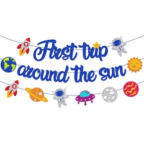 First Trip Around the Sun Banner Outer Space Sun Planets Rocket Galaxy Astronaut Universe Ship Theme 1st Birthday One Year Old Birthday Decoration Baby Shower Party Supplies (Glitter Blue)