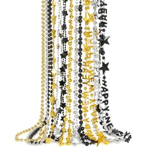50PCS New Years Eve Necklace, New Years Black Gold Silver Bead Necklace Party Supplies 2025, 12 Kinds of HAPPY NEW YEAR Star Bead Necklace Bulk, Bead Necklace 2025 Accessories for New Years Decor