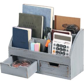 MyGift Dark Gray Wood Desk Organizer, Includes 6 Compartments and 2 Pullout Drawers to Organize Office Supplies and Accessories