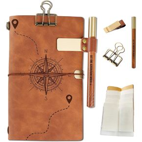 InnoBeta Refillable Leather Travel Journal Travelers Notebook 7x5 Inches, Travel Diary with 6 Inserts + Pen Holder and Binder Clip, Journal for Men Women, Compass