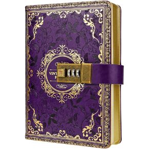 Mazeran Combination Lock Journal, Vintage Elegant Leather Hard Cover Floral Embossed Notebook Diary, 256 Pages Lined Golden Gilded Password Locking Personal Planner, Gift for Women Girls (Boxed)