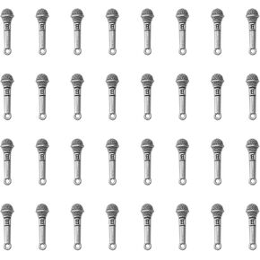 Ruwado 30 Pcs Tibetan Microphone Cute 2.4 x 0.7 cm Small Supplies for Jewelry Making Kits Necklace Bracelets Earring Zipper Handcraft Handmade DIY Crafting Supplies (Antique Silver)