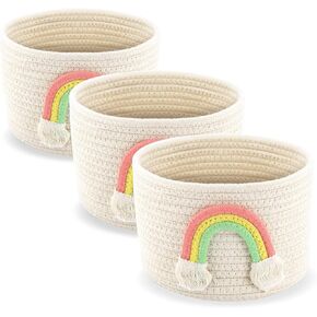 【3 Pack】JooHome Small Empty Gift Baskets, Round Woven Storage Baskets for Nursery, Pantry, Shelves, Living Room, Cotton Rope Organizer, D7.9‘’xH5.9" (Rainbow)